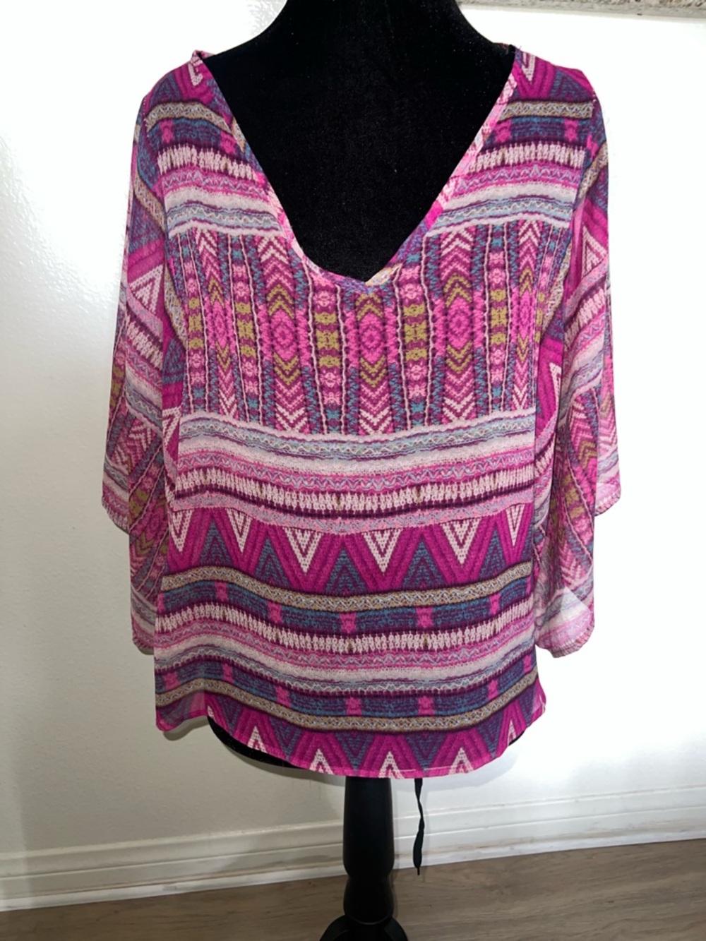Boho Festival Pink Spring V-Neck Lightweight 3/4â Bell Sleeves Blouse